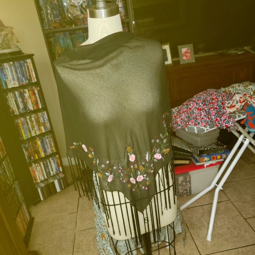 Womens black embroidered shawl